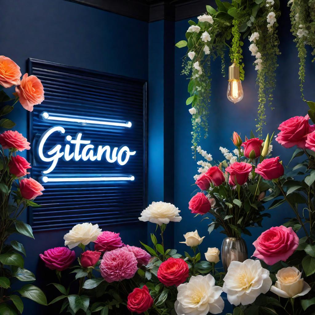  A navy blue wall with the neon sign that reads 'Gitano' in white. The wall is densely adorned with a rich variety of flowers such as roses, lilies, and Eucalyptus blossoms, creating an opulent tapestry of foliage around the neon light. hyperrealistic, full body, detailed clothing, highly detailed, cinematic lighting, stunningly beautiful, intricate, sharp focus, f/1. 8, 85mm, (centered image composition), (professionally color graded), ((bright soft diffused light)), volumetric fog, trending on instagram, trending on tumblr, HDR 4K, 8K