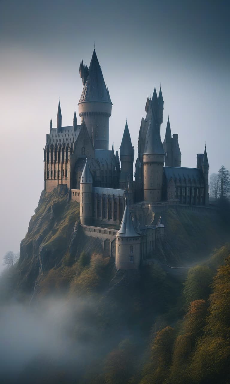  Hogwarts School building on the hill and in the fog. Highly detailed hyperrealistic, full body, detailed clothing, highly detailed, cinematic lighting, stunningly beautiful, intricate, sharp focus, f/1. 8, 85mm, (centered image composition), (professionally color graded), ((bright soft diffused light)), volumetric fog, trending on instagram, trending on tumblr, HDR 4K, 8K