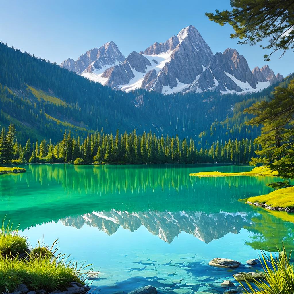  as a painting, Convey the serene majesty of towering mountains reflected in the crystal-clear waters of a tranquil alpine lake, using your unique artistic vision to evoke a sense of awe and tranquility.