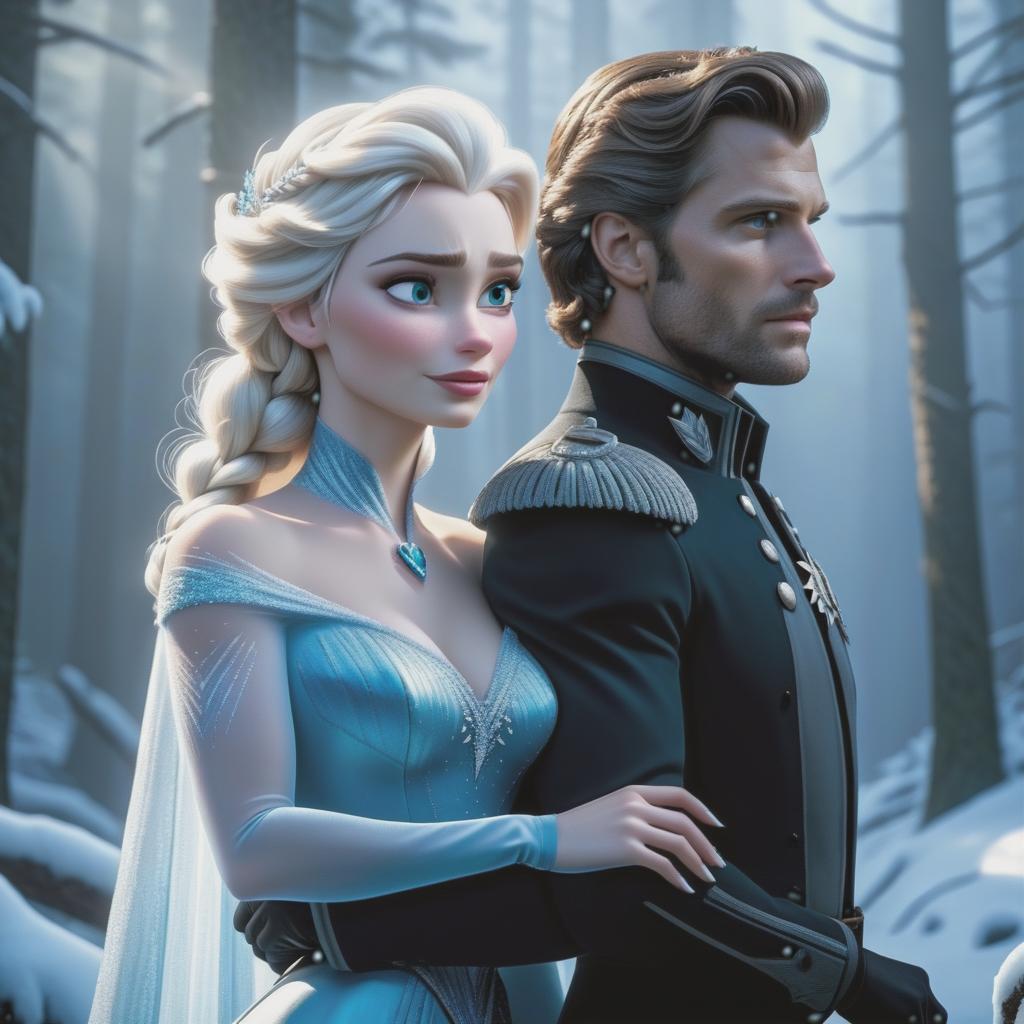  Elsa from the Cold Heart and Jack Forest from the Keepers of Dreams hyperrealistic, full body, detailed clothing, highly detailed, cinematic lighting, stunningly beautiful, intricate, sharp focus, f/1. 8, 85mm, (centered image composition), (professionally color graded), ((bright soft diffused light)), volumetric fog, trending on instagram, trending on tumblr, HDR 4K, 8K