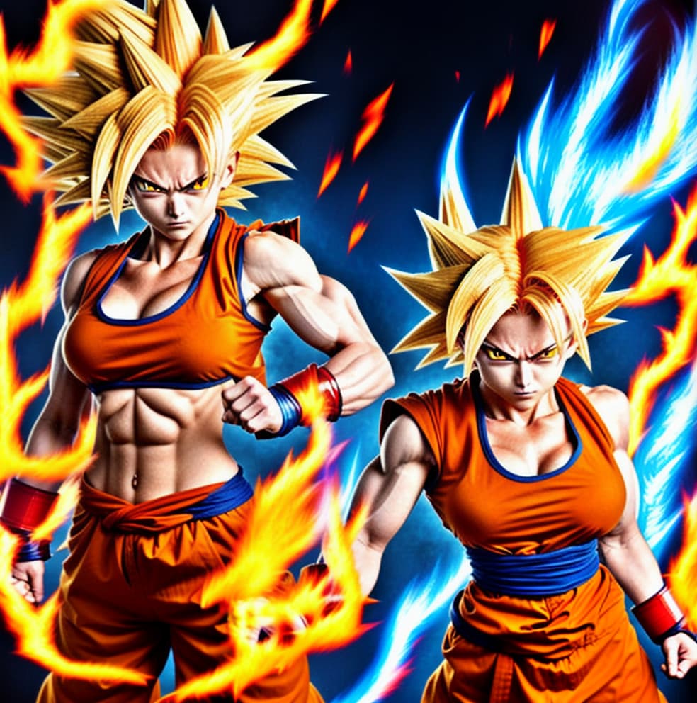  Female super sayan, red goku kostüm. Cute body. Sayan hair, fire eyes, fire hands, high resolution