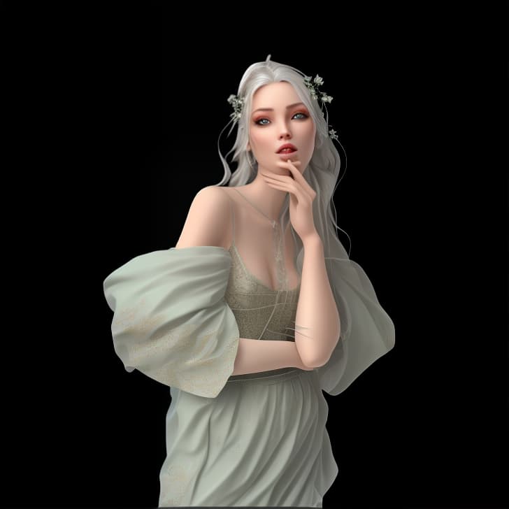 mdjrny-v4 style Create a Fantasy style avatar of a female Elf. The character should have long, flowing silver hair adorned with delicate flowers, aranged in a coc. Her eyes should be almond shaped and bright green. She should wear an elegant, fitted tunic with intricate leaf patterns and embroidery. Her ears should be pointed and prominent, long, sharp, visible from behind the hair, defining feature of Elves. She should have a graceful and slender build, with pale, smooth skin. The background should feature an enchanted forest with tall, ancient trees and dappled sunlight filtering through the leaves.