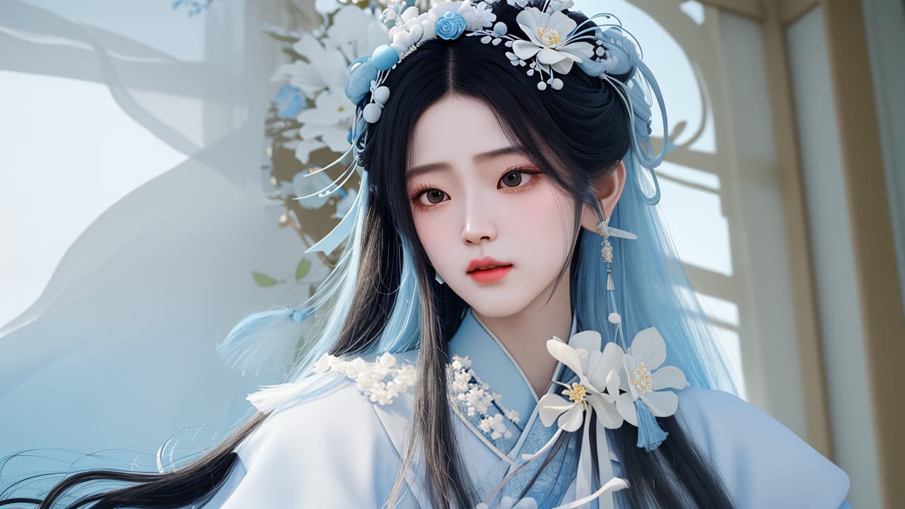  masterpiece, best quality, (Fidelity: 1.4), Best Quality, Masterpiece, Ultra High Resolution, Poster, Fantasy Art, Very Detailed Faces, 8k resolution, Chinese Style, An woman, Side Face, Quiet, Light Blue Hanfu, Tulle Coat, Long Black Hair, Light Blue Fringed Hair Ornament, Hairpin, White Ribbon, White Flower Bush, Light Blue Butterfly Flying, cinematic lighting effects