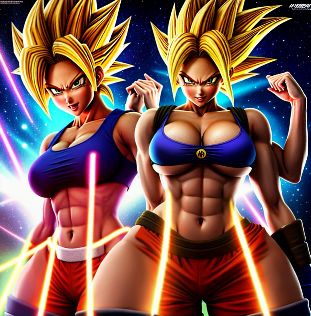  ((foto de cuerpo completo, pie plano, cuerpo recto)), ((laura {Super Super Saiyan mujer con grandes pechos})), ((lleva puesto son goku+Los disfraces de ella son extremadamente ajustados a su cuerpo.))