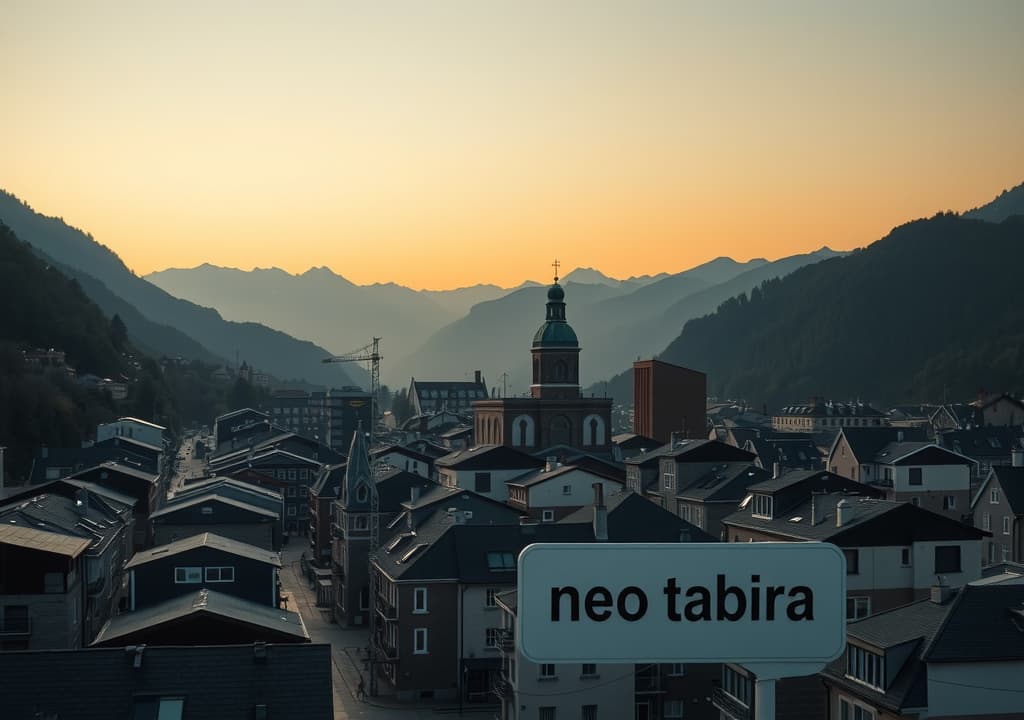  good quality, high quality, an aerial view of a sign with the word 'neo tabira' written on it, in a small future basque city surrounded by mountains at dusk, where evil corporations can be seen.