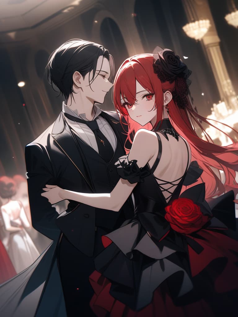  Black and red hair, black dresses, gray and black odds, girls, dancing with butler at luxurious venues, butlers who appear on demon butler and black cats, dresses with roses, hair Is long, mine based makeup, masterpiece, best quality,8k,ultra detailed,high resolution,an extremely delicate and beautiful,hyper detail