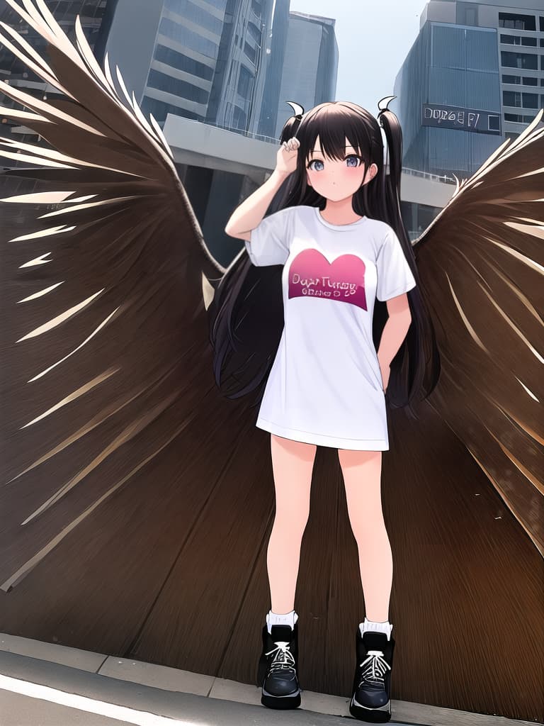  90s inspired T shirt shop logo demon masterpiece 1girl angel wings full body
