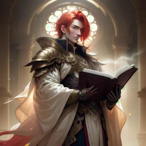  cover photo of the novel, a beautiful boy, light red hair, purple blue eyes, wearing an earring on one side, a long faint scar on his right eye, ancient background, clear and sharp details, two hands raised an open book emitting golden light High Resolution, HDR Masterpieces, Crisp and Clean Compositions hyperrealistic, full body, detailed clothing, highly detailed, cinematic lighting, stunningly beautiful, intricate, sharp focus, f/1. 8, 85mm, (centered image composition), (professionally color graded), ((bright soft diffused light)), volumetric fog, trending on instagram, trending on tumblr, HDR 4K, 8K