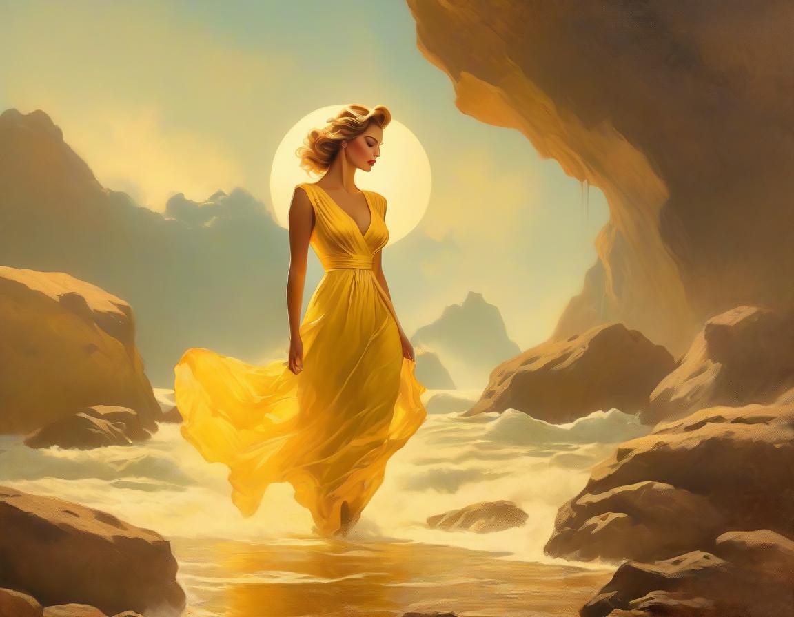  film noir style A painting of a woman in a flowing yellow dress reclining on rocks with a sunset over a body of water in the background. . monochrome, high contrast, dramatic shadows, 1940s style, mysterious, cinematic hyperrealistic, full body, detailed clothing, highly detailed, cinematic lighting, stunningly beautiful, intricate, sharp focus, f/1. 8, 85mm, (centered image composition), (professionally color graded), ((bright soft diffused light)), volumetric fog, trending on instagram, trending on tumblr, HDR 4K, 8K