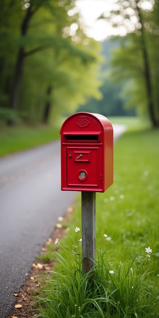  good quality, high quality, a bright red mailbox on a quiet rural road, standing out against the lush green countryside, symbolizing communication in a peaceful setting.