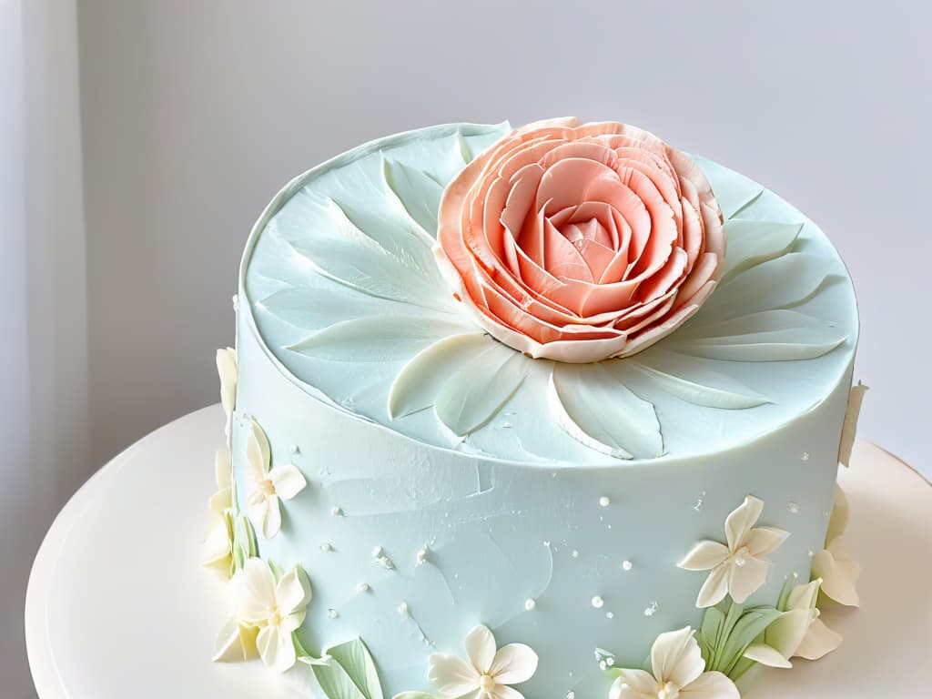  A closeup, ultradetailed image of a delicate, intricately designed sugar flower on a pristine white wedding cake. The petals are so finely crafted that each tiny vein and texture is visible, showcasing the skill and precision required in professional pastry artistry. The soft, pastel colors of the flower contrast beautifully against the immaculate white frosting, creating a visually stunning and elegant composition that epitomizes the artistry and attention to detail in the world of professional pastry. hyperrealistic, full body, detailed clothing, highly detailed, cinematic lighting, stunningly beautiful, intricate, sharp focus, f/1. 8, 85mm, (centered image composition), (professionally color graded), ((bright soft diffused light)), volumetric fog, trending on instagram, trending on tumblr, HDR 4K, 8K