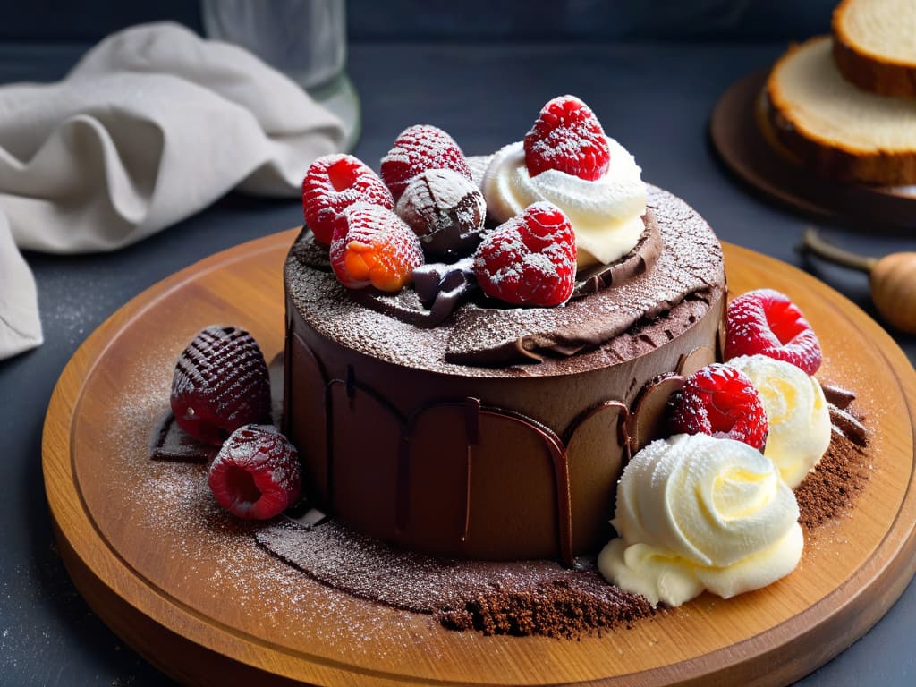  A closeup, highly detailed image of a decadent vegan chocolate lava cake topped with a scoop of creamy dairyfree vanilla ice cream, garnished with fresh raspberries and a dusting of powdered sugar. The cake is perfectly moist and rich, oozing with molten chocolate as it is being sliced open, showcasing its indulgent texture and exquisite presentation. The contrasting colors of the dessert against a sleek white plate create a visually striking and appetizing composition, embodying the fusion of classic flavors with modern vegan twists. hyperrealistic, full body, detailed clothing, highly detailed, cinematic lighting, stunningly beautiful, intricate, sharp focus, f/1. 8, 85mm, (centered image composition), (professionally color graded), ((bright soft diffused light)), volumetric fog, trending on instagram, trending on tumblr, HDR 4K, 8K