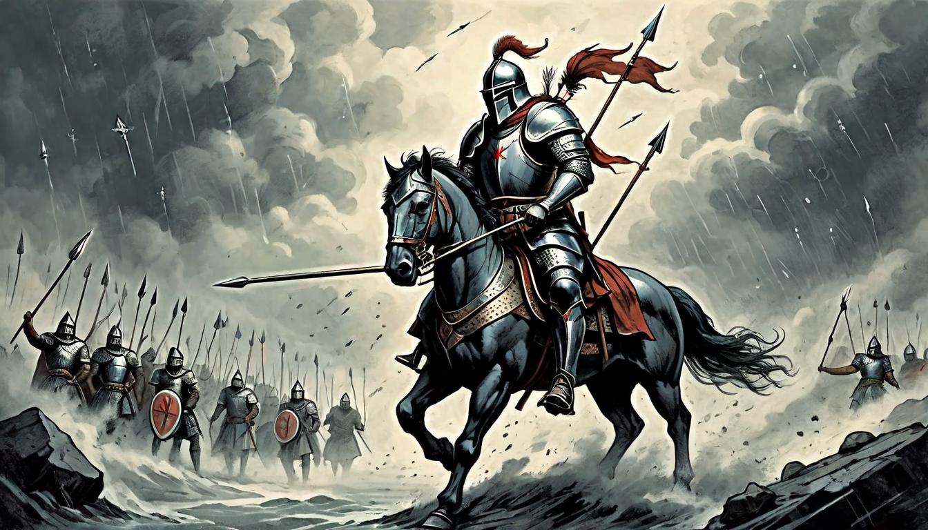  on parchment, surrealism+++, An armored knight standing firm as arrows rain down, shield raised high, determination in the face of opposition, indomitable spirit, weathering the storm, defiance(mysterious, provocative, symbolic,muted color)+++