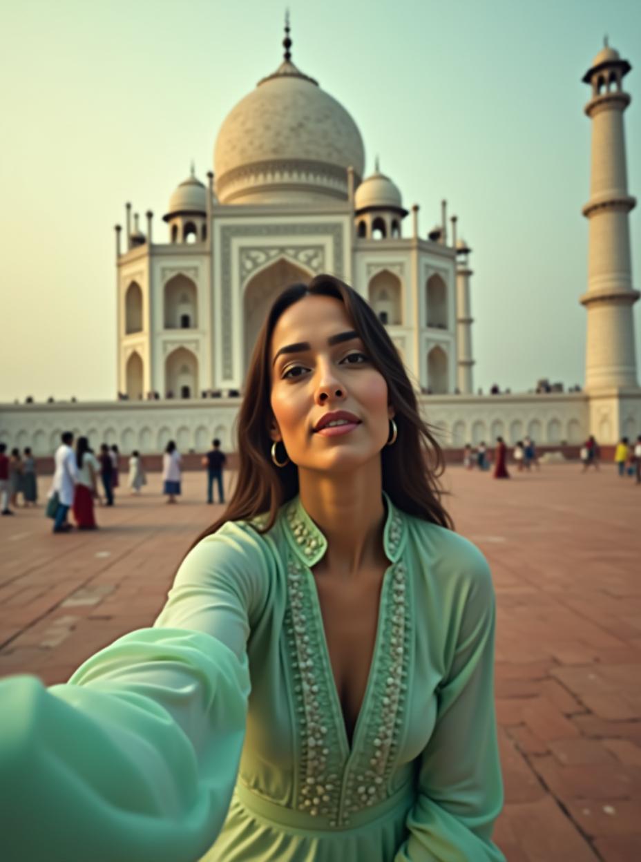  good quality, high quality, a low angle shot. an indian woman wearing a light green kameez is lowered and looking towards the camera, creating a dynamic and immersive perspective. taj mahal with dusky atmosphere in the background. the focus is on the woman, with a slight blur on the background to enhance depth. the lighting is natural, casting soft shadows and enhancing the serene, airy mood. a close up view emphasizes her movement and expression, conveying a sense of freedom and elegance.