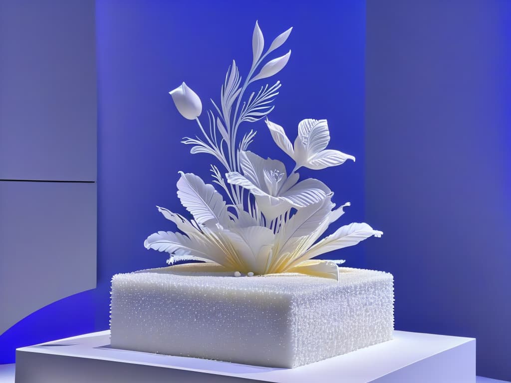  A closeup, ultradetailed image of a pristine sugar sculpture displayed on a sleek, modern pedestal. The sculpture is intricately crafted, showcasing delicate details like ornate floral patterns and intricate textures. The lighting is soft, casting subtle shadows that enhance the sculpture's threedimensional form. The background is a simple, monochromatic backdrop that allows the sculpture to stand out as the focal point, creating a visually striking and minimalistic composition. hyperrealistic, full body, detailed clothing, highly detailed, cinematic lighting, stunningly beautiful, intricate, sharp focus, f/1. 8, 85mm, (centered image composition), (professionally color graded), ((bright soft diffused light)), volumetric fog, trending on instagram, trending on tumblr, HDR 4K, 8K