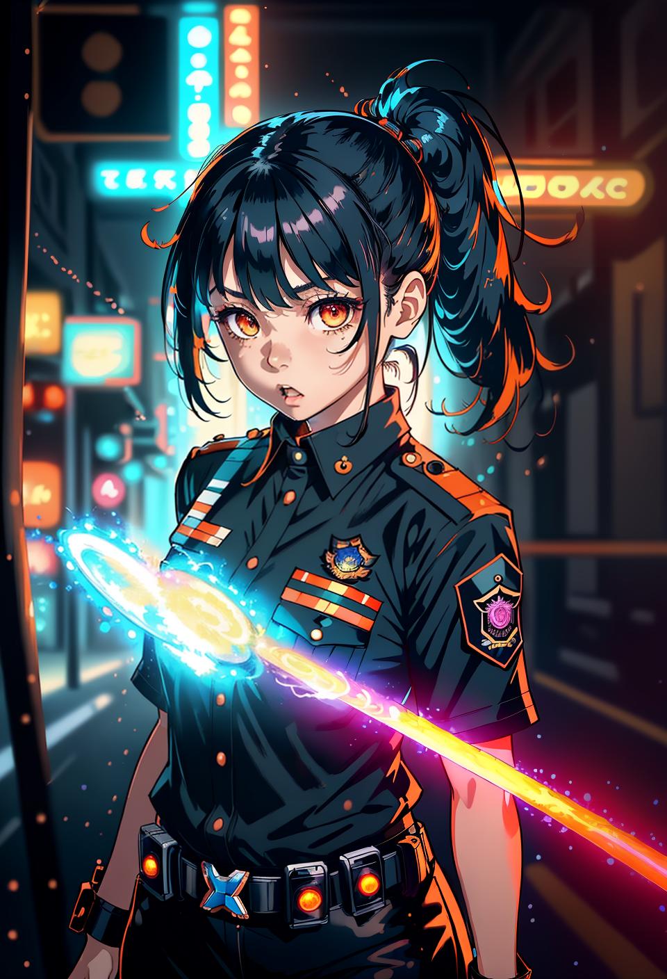  ((trending, highres, masterpiece, cinematic shot)), 1girl, chibi, female police uniform, psychedelic effects, long messy black hair, long ponytail, large orange eyes, gloomy personality, surprised expression, fair skin, magical, clever