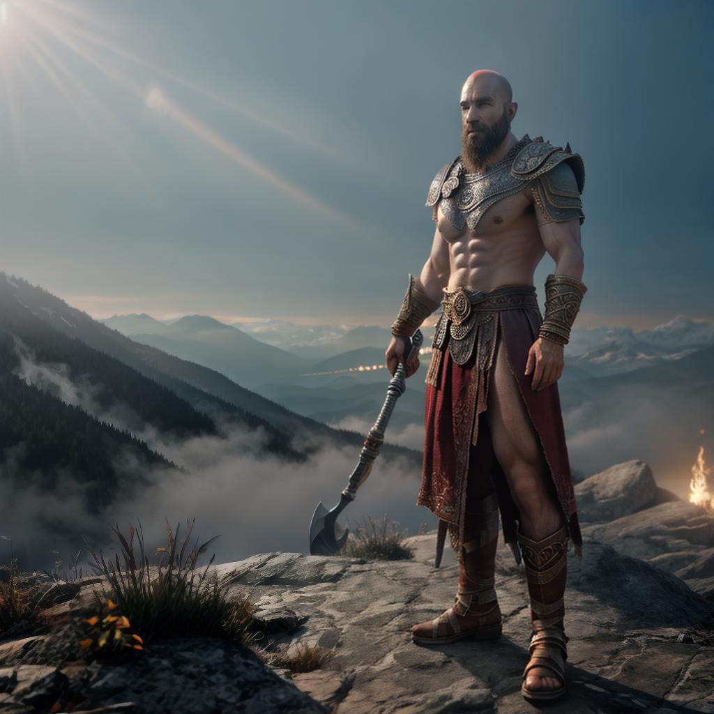  God of war hyperrealistic, full body, detailed clothing, highly detailed, cinematic lighting, stunningly beautiful, intricate, sharp focus, f/1. 8, 85mm, (centered image composition), (professionally color graded), ((bright soft diffused light)), volumetric fog, trending on instagram, trending on tumblr, HDR 4K, 8K