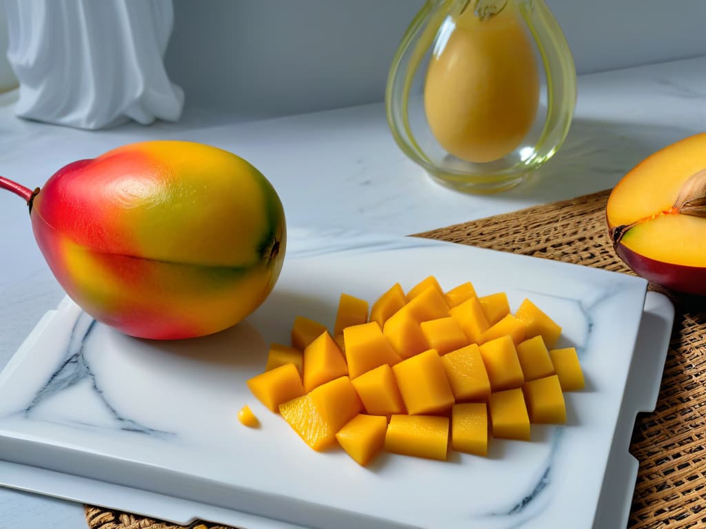  A closeup, highresolution image of a ripe, juicy mango being sliced with precision on a sleek, modern marble cutting board. The vibrant yellow flesh of the mango contrasts beautifully with the white marble, showcasing the freshness and tropical allure of the fruit. The focus is on the intricate details of the mango's texture and the clean lines of the cutting board, creating a visually striking and minimalistic composition that embodies the essence of the article's tropical mousse recipe. hyperrealistic, full body, detailed clothing, highly detailed, cinematic lighting, stunningly beautiful, intricate, sharp focus, f/1. 8, 85mm, (centered image composition), (professionally color graded), ((bright soft diffused light)), volumetric fog, trending on instagram, trending on tumblr, HDR 4K, 8K