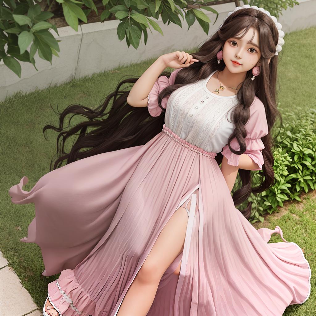  masterpiece, best quality,brown chubby wearing a white maxi and a pink cute top. long black wavy hair with accessories ,