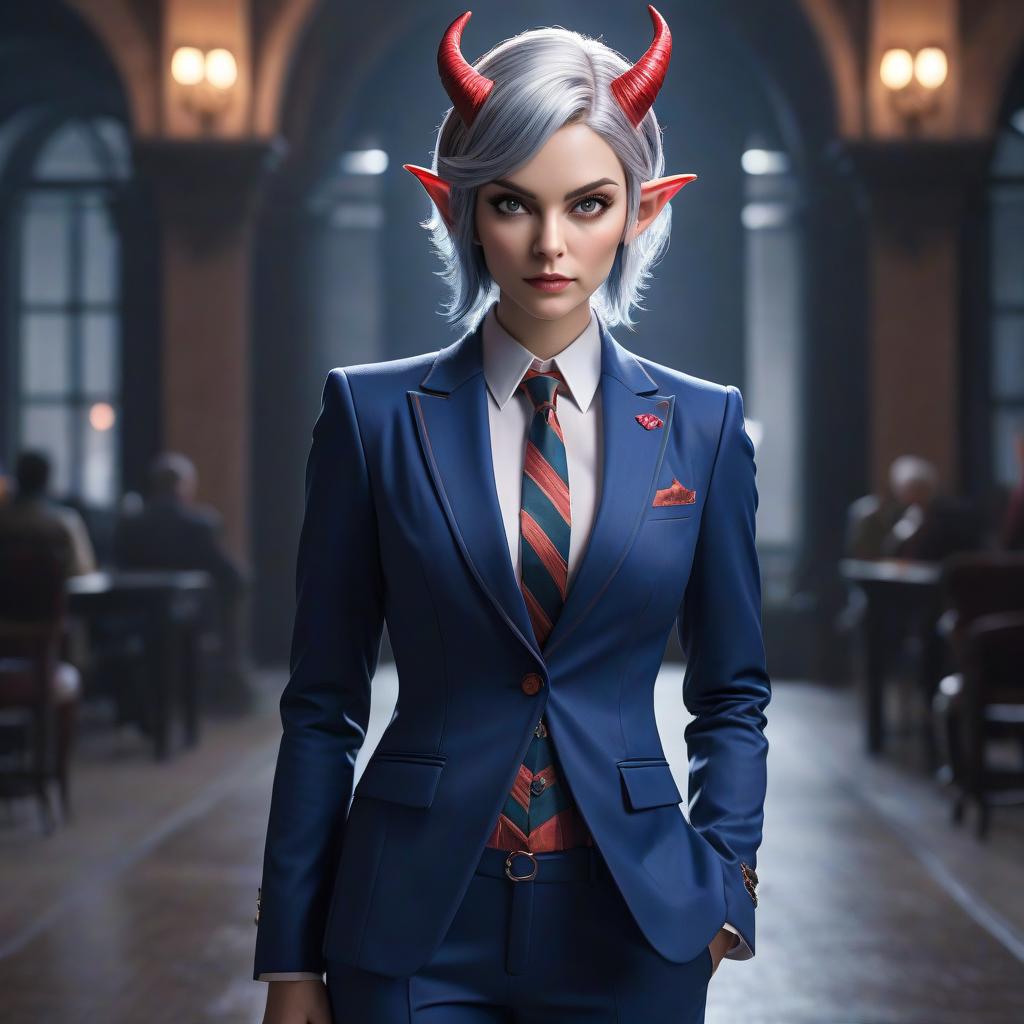  Draw a devil in a blue suit with stripes, short haircut, gray hair, elf like ears, rose colored eyes, and a large bust visible from the jacket. hyperrealistic, full body, detailed clothing, highly detailed, cinematic lighting, stunningly beautiful, intricate, sharp focus, f/1. 8, 85mm, (centered image composition), (professionally color graded), ((bright soft diffused light)), volumetric fog, trending on instagram, trending on tumblr, HDR 4K, 8K