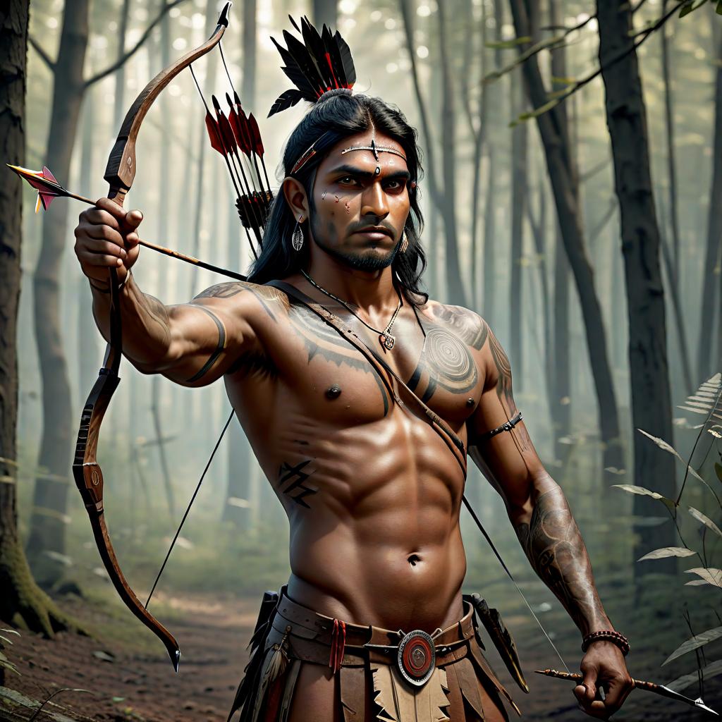  (best quality, masterpiece), (((high detail))), A handsome Indian with beautiful tattoos of the tribe with a bow and arrow aimed at a target and you see him in the forest stretching the archery and aiming