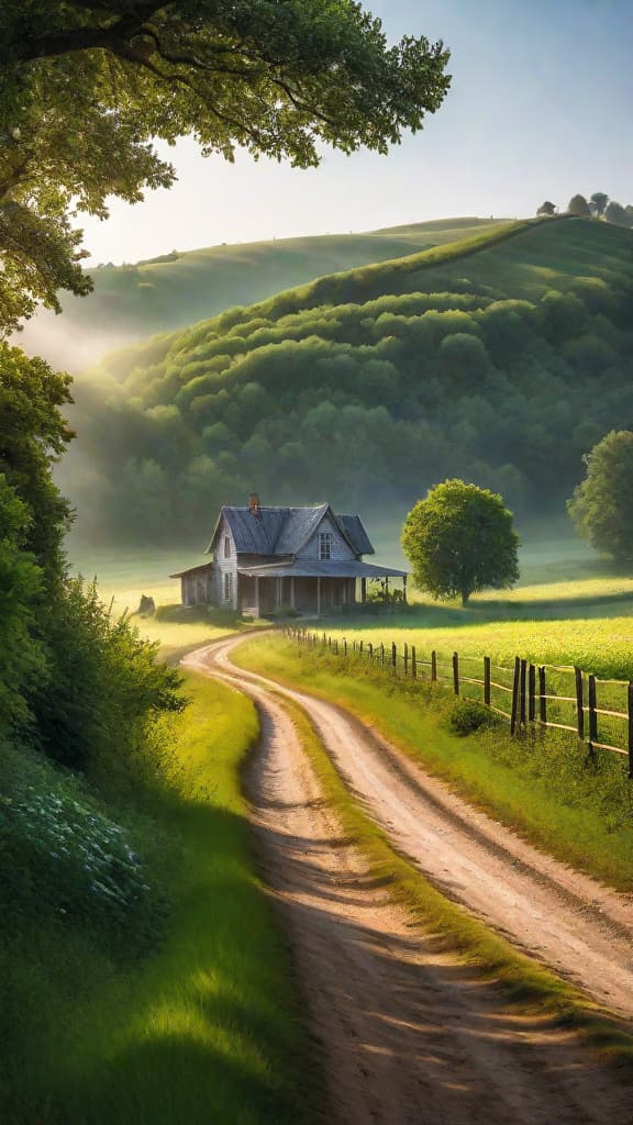  (A serene countryside landscape set in a pastoral, early 20th century setting. Rolling hills in the background, a dirt road winding through the foreground, and a farmhouse or small cottage nestled among trees in the distance.) hyperrealistic, full body, detailed clothing, highly detailed, cinematic lighting, stunningly beautiful, intricate, sharp focus, f/1. 8, 85mm, (centered image composition), (professionally color graded), ((bright soft diffused light)), volumetric fog, trending on instagram, trending on tumblr, HDR 4K, 8K