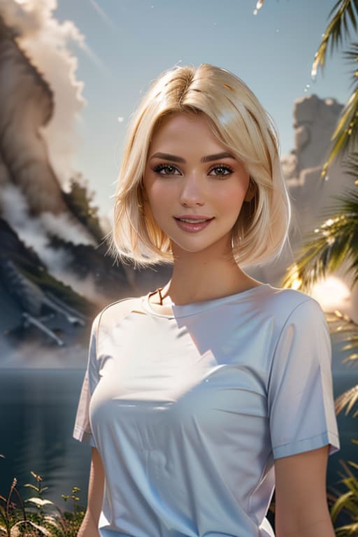  1girl,1girl,blonde short hair,straight hair,upper body shot,shirt,smile hyperrealistic, full body, detailed clothing, highly detailed, cinematic lighting, stunningly beautiful, intricate, sharp focus, f/1. 8, 85mm, (centered image composition), (professionally color graded), ((bright soft diffused light)), volumetric fog, trending on instagram, trending on tumblr, HDR 4K, 8K