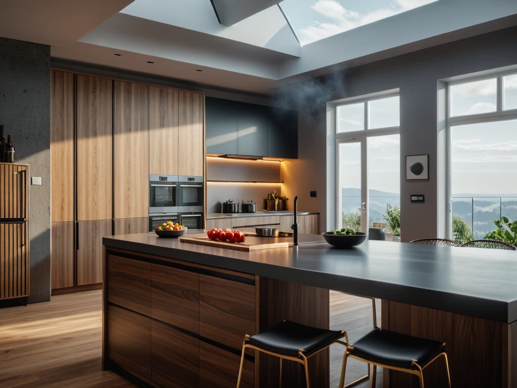   A modern kitchen. Cinematic photo, highly detailed, cinematic lighting, ultra detailed, ultrarealistic, photorealism, 8k.  hyperrealistic, full body, detailed clothing, highly detailed, cinematic lighting, stunningly beautiful, intricate, sharp focus, f/1. 8, 85mm, (centered image composition), (professionally color graded), ((bright soft diffused light)), volumetric fog, trending on instagram, trending on tumblr, HDR 4K, 8K