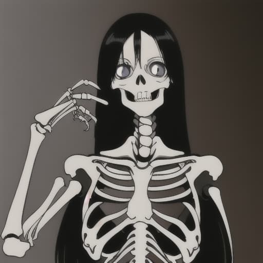  Skeleton , bones, young woman 1.80 meters tall and with an excellent physical consution, tall, long, straight black hair, blue-gray eyes, scar on the left cheek, large bust, large s, larg