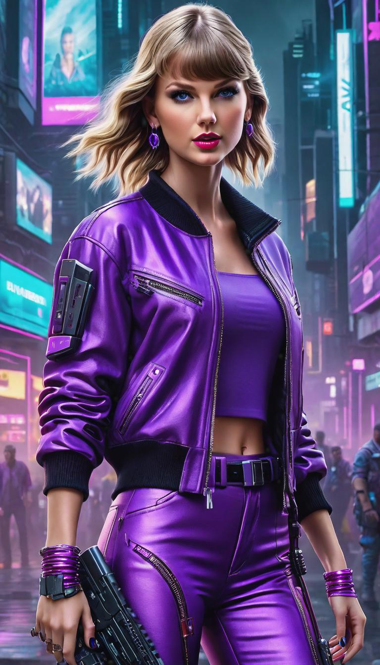  Cyberpunk style depiction of Taylor Swift wearing purple casual wear. The scene is set in a world where technology has advanced, but society and human conditions have not, creating a gritty, dystopian atmosphere. hyperrealistic, full body, detailed clothing, highly detailed, cinematic lighting, stunningly beautiful, intricate, sharp focus, f/1. 8, 85mm, (centered image composition), (professionally color graded), ((bright soft diffused light)), volumetric fog, trending on instagram, trending on tumblr, HDR 4K, 8K