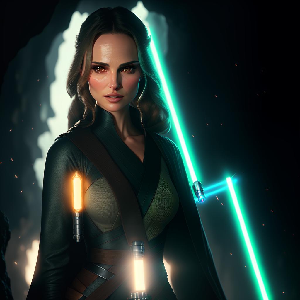  extremely photorealistic like real life wide shot of Natalie Portman as a Jedi knight using her lightsaber to light up a dark cave, light focussed on her face. realistic proportions hyperrealistic, full body, detailed clothing, highly detailed, cinematic lighting, stunningly beautiful, intricate, sharp focus, f/1. 8, 85mm, (centered image composition), (professionally color graded), ((bright soft diffused light)), volumetric fog, trending on instagram, trending on tumblr, HDR 4K, 8K