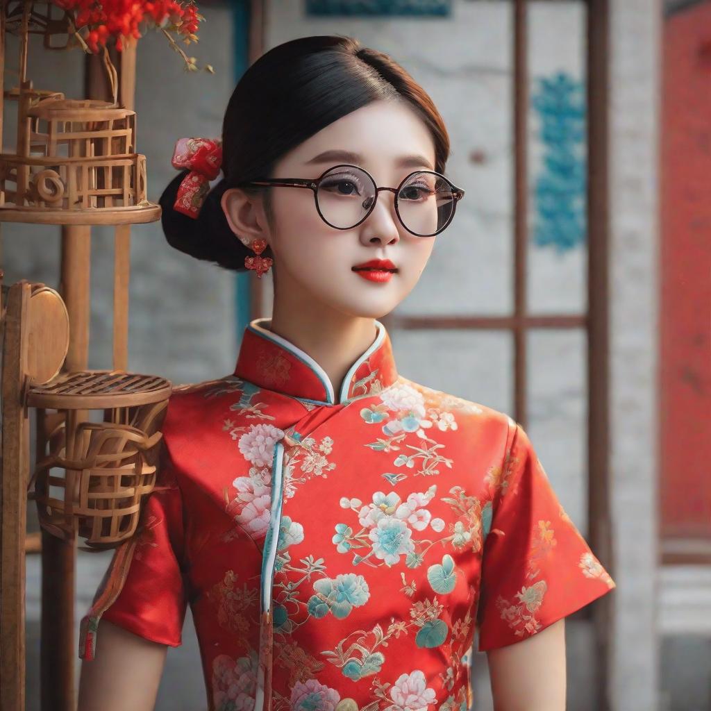  masterpiece, best quality,a cheongsam girl wearing round glasses.