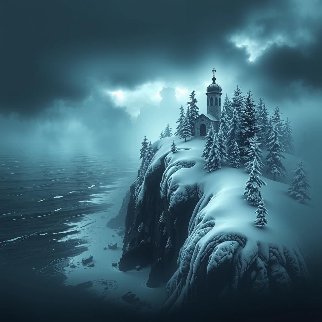  snowy arctic island covered in pine forests just above a stormy sea, the island looms 150 feet over the water in icy, treacherous cliffs, gothic mausoleum stands on the northern end of the island, haunting, 1990s ravenloft art ar 16:9 hyperrealistic, full body, detailed clothing, highly detailed, cinematic lighting, stunningly beautiful, intricate, sharp focus, f/1. 8, 85mm, (centered image composition), (professionally color graded), ((bright soft diffused light)), volumetric fog, trending on instagram, trending on tumblr, HDR 4K, 8K