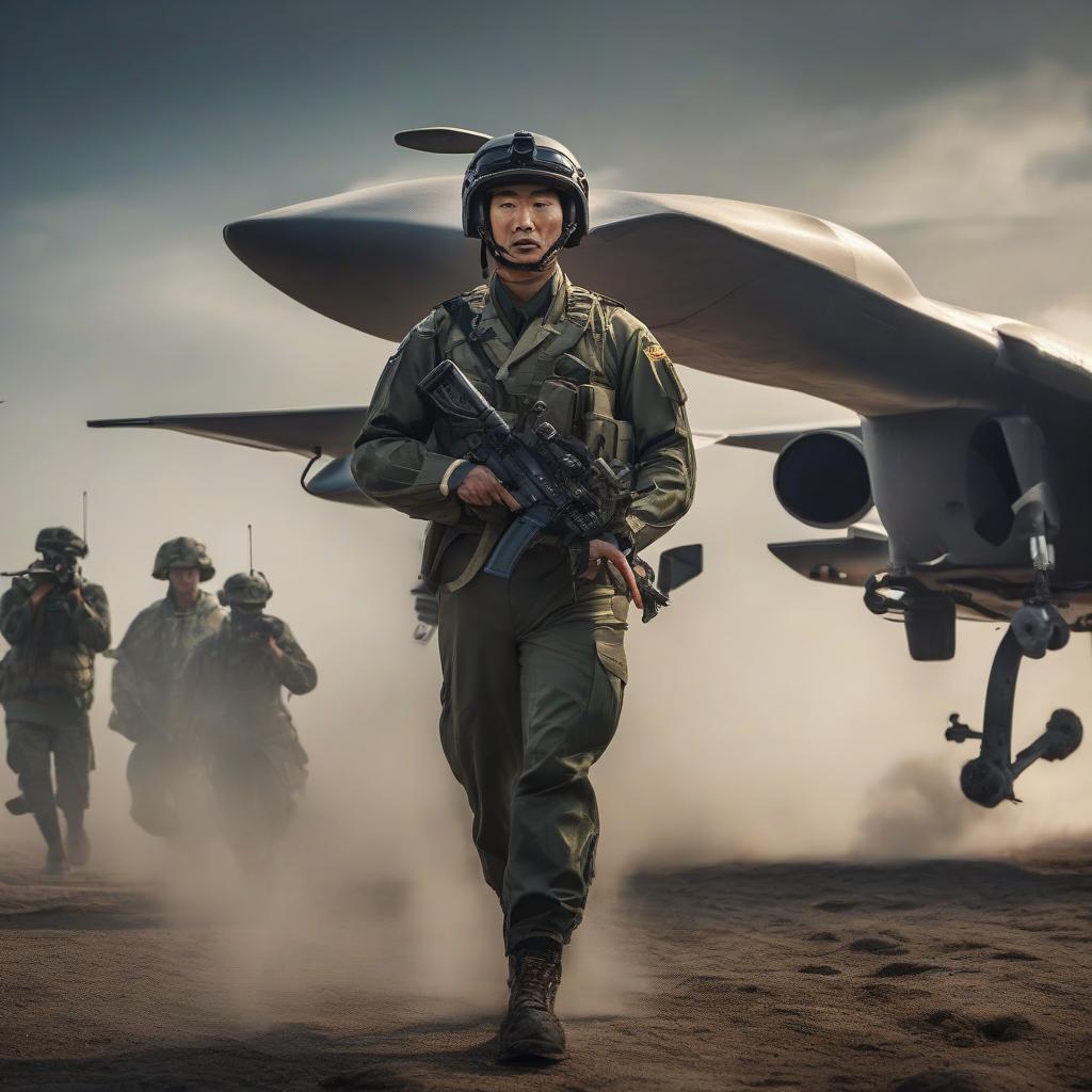  A Chinese man in military uniform, a drone is flying. hyperrealistic, full body, detailed clothing, highly detailed, cinematic lighting, stunningly beautiful, intricate, sharp focus, f/1. 8, 85mm, (centered image composition), (professionally color graded), ((bright soft diffused light)), volumetric fog, trending on instagram, trending on tumblr, HDR 4K, 8K