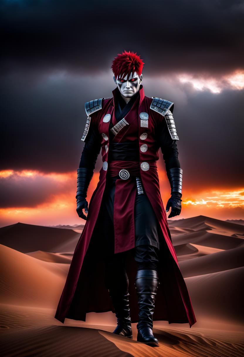  macabre style Gaara Kazehage from the anime Naruto in the desert . dark, gothic, grim, haunting, highly detailed hyperrealistic, full body, detailed clothing, highly detailed, cinematic lighting, stunningly beautiful, intricate, sharp focus, f/1. 8, 85mm, (centered image composition), (professionally color graded), ((bright soft diffused light)), volumetric fog, trending on instagram, trending on tumblr, HDR 4K, 8K