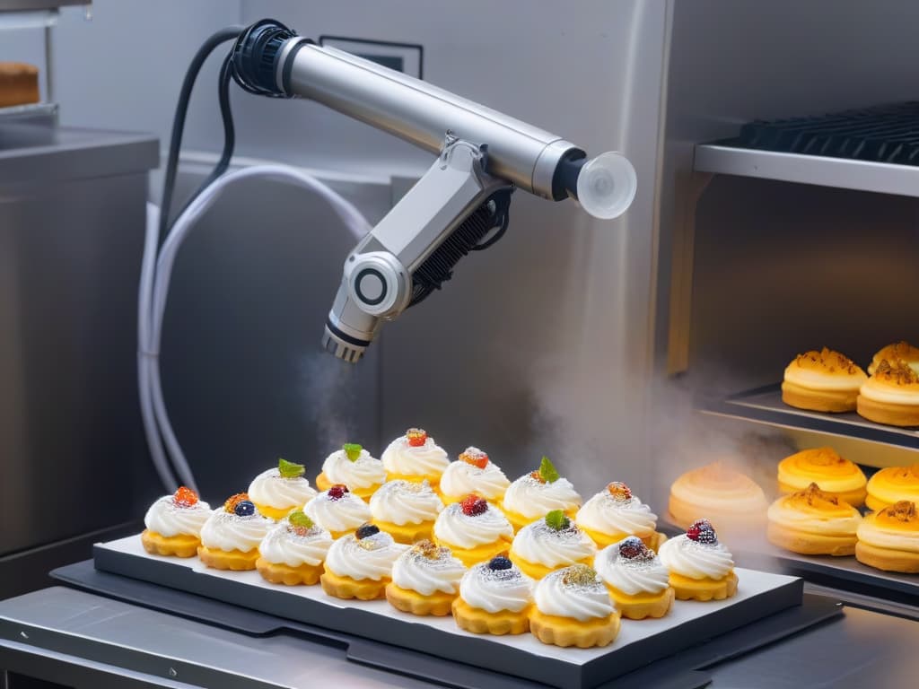  An ultradetailed image of a sleek, modern kitchen filled with advanced robotic arms delicately piping intricate designs onto colorful, perfectly crafted pastries. The robots work in harmony, showcasing precision and efficiency in the production process of delectable desserts. The background is a soft focus, emphasizing the futuristic technology at the forefront of the pastrymaking industry. hyperrealistic, full body, detailed clothing, highly detailed, cinematic lighting, stunningly beautiful, intricate, sharp focus, f/1. 8, 85mm, (centered image composition), (professionally color graded), ((bright soft diffused light)), volumetric fog, trending on instagram, trending on tumblr, HDR 4K, 8K