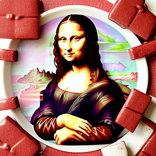  The Mona Lisa holding a white plate of fine dark chocolate candy pieces in red candy cups. Background Mona Lisa’s painting background that is expanded and enlarged. Painted in the style of Leonardo Da Vinci