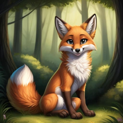  gender:male, species:canid, animal genitalia, feral, fox, sfw, cute, sitting in a green forest, open eyes, digital art, masterpiece, 4k, fine details,