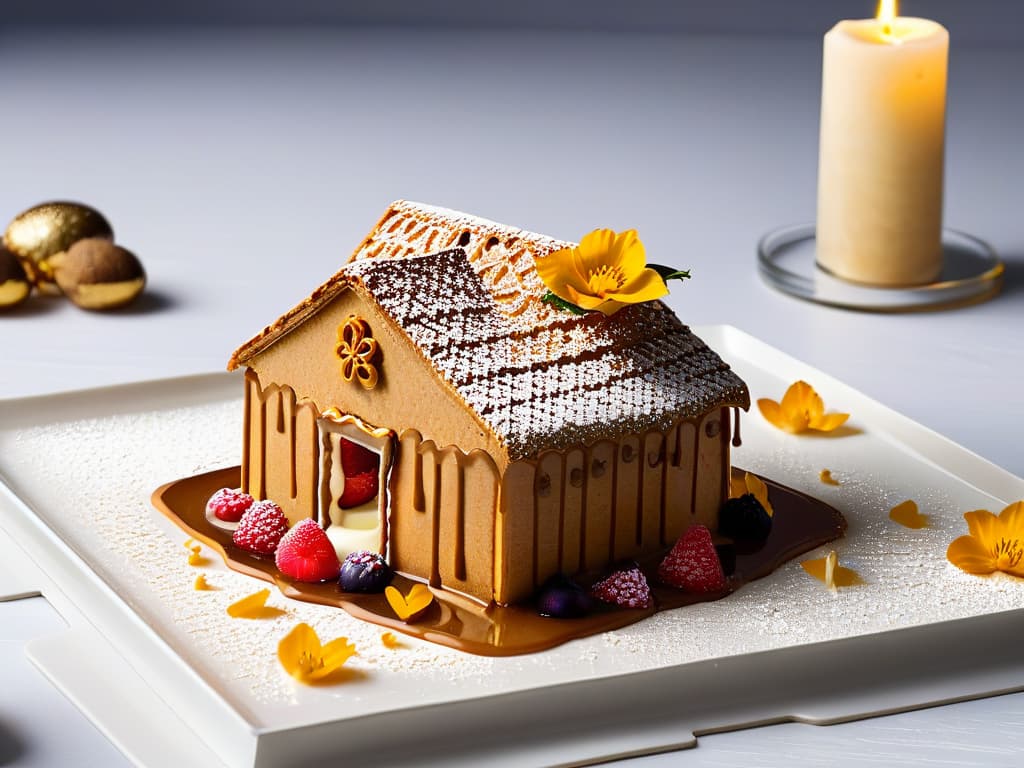  A highresolution image of a sleek, modern dessert plating featuring a deconstructed version of a traditional Christmas dessert like a gingerbread house. The dessert is elegantly presented on a white, minimalist plate with artistic drizzles of caramel sauce, delicate edible flowers, and a dusting of gold flakes, all set against a stark black backdrop to create a visually striking and innovative twist on a classic holiday treat. The focus is on the intricate details and presentation, emphasizing innovation and sophistication in dessert design. hyperrealistic, full body, detailed clothing, highly detailed, cinematic lighting, stunningly beautiful, intricate, sharp focus, f/1. 8, 85mm, (centered image composition), (professionally color graded), ((bright soft diffused light)), volumetric fog, trending on instagram, trending on tumblr, HDR 4K, 8K