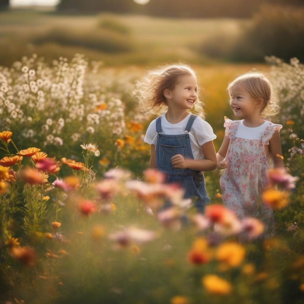  cute group of children playing happy in a summer field full of flowers. the creatures wear colorful clothes. laughts, jumps, games, plays. professional photo in warm colors. sunny morning. happyness. shine. best photo quality image. nikon d70. sharp focus, shallow depth of field. soft, but sharp. emotive. hyperrealistic, full body, detailed clothing, highly detailed, cinematic lighting, stunningly beautiful, intricate, sharp focus, f/1. 8, 85mm, (centered image composition), (professionally color graded), ((bright soft diffused light)), volumetric fog, trending on instagram, trending on tumblr, HDR 4K, 8K