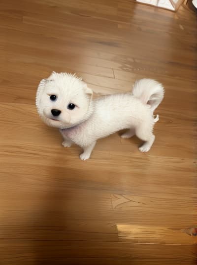  ultra high resolution, 4K image,masterpiece,best_quality,detailed eyes,(pixar style:1.2),(cartoon character,funny),a small white dog is standing on a wooden floor