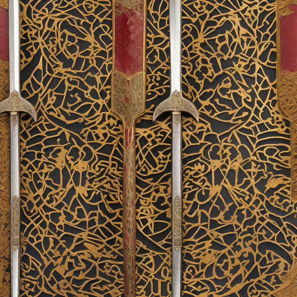  masterpiece, best quality, An extreme close-up of a legendary double-bladed sword. Intricate Arabic calligraphy inlaid with shimmering gold flows along its length, the delicate script partially obscuring the weapon's stark power. The calligraphy swirls and intertwines with stylized floral motifs just before the crossguard, which is adorned with precious stones – rubies the color of a vibrant sunset, and emeralds mirroring the green of a lush oasis. The worn leather grip, darkened with age and use, lies partially in the background, hinting at countless battles fought. Render in hyperrealistic black and white, emphasizing the stark beauty of the blade, the contrast between textures, and the intricate details that reveal this weapon's hist