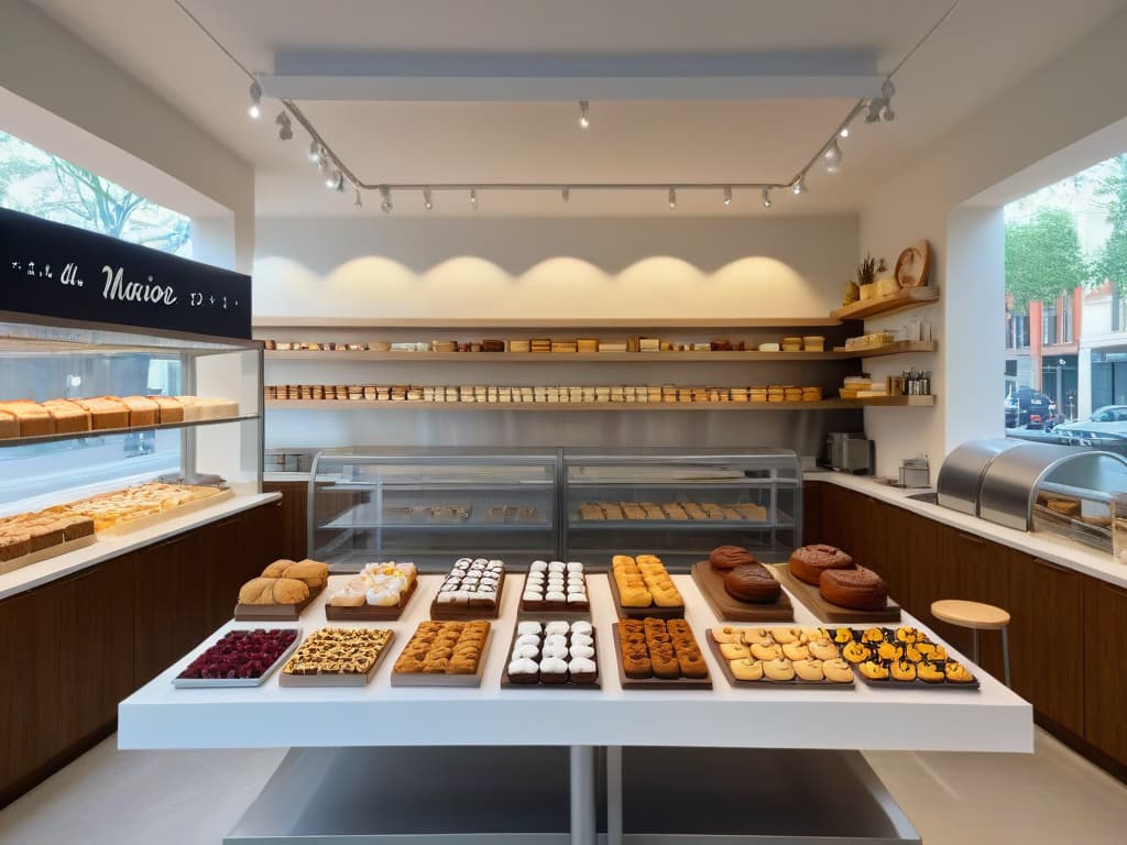  An ultradetailed image of a serene bakery workshop setting with a sleek, modern design. The image features a long, marbletopped table adorned with an array of beautifully crafted pastries and desserts, surrounded by stylish, minimalist decor elements such as elegant hanging pendant lights, a chic chalkboard menu, and a wallmounted shelf displaying artisanal baking tools. The ambiance exudes a sense of creativity, sophistication, and inspiration, perfectly complementing the theme of transforming a passion for baking into a thriving business. hyperrealistic, full body, detailed clothing, highly detailed, cinematic lighting, stunningly beautiful, intricate, sharp focus, f/1. 8, 85mm, (centered image composition), (professionally color graded), ((bright soft diffused light)), volumetric fog, trending on instagram, trending on tumblr, HDR 4K, 8K