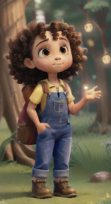  {The tree shining brightly and releasing a gentle, magical light., Riley, a curious with big brown eyes and curly hair, wearing overalls and carrying a small backpack. Their friend, Skye, a bluebird with shiny feathers.