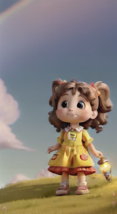  {A gently sloping hill with Lily at the top, looking up at a sky streaked with vint rainbow colors and a few fluffy clouds., A young named Lily with brown hair in pigtails, wearing a bright yellow dress with red shoes, and holding a small lantern. She is curious and adventurous.