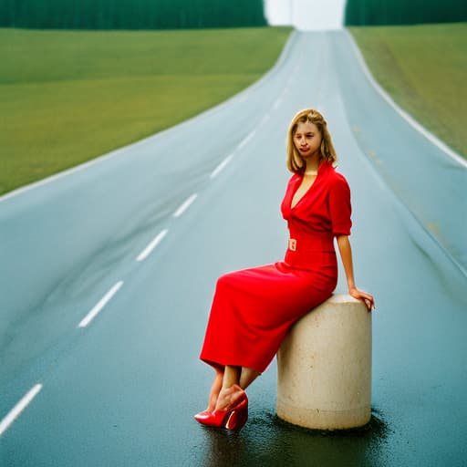 analog style Ferrari F90, race track, half sideways, rainy day, sexy woman, red dress, high heels.
