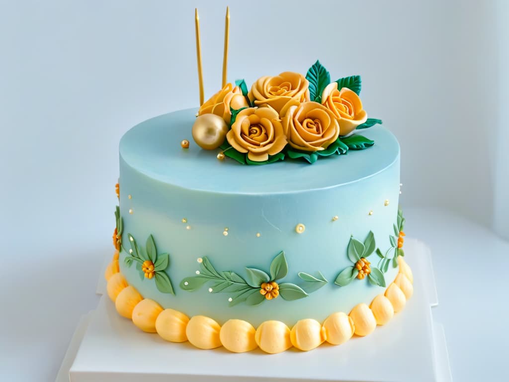  An ultradetailed image of a beautifully decorated threetiered cake, with intricate floral piping, delicate sugar roses, and shimmering gold accents, set against a clean white background. The cake is perfectly symmetrical, showcasing precision and skill in cake decorating. The colors are soft pastels, creating a soothing and elegant aesthetic that embodies the artistry and sophistication of online pastry courses. hyperrealistic, full body, detailed clothing, highly detailed, cinematic lighting, stunningly beautiful, intricate, sharp focus, f/1. 8, 85mm, (centered image composition), (professionally color graded), ((bright soft diffused light)), volumetric fog, trending on instagram, trending on tumblr, HDR 4K, 8K