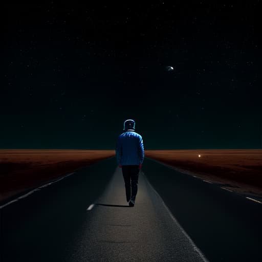  A man walks on a road while he is lost in space