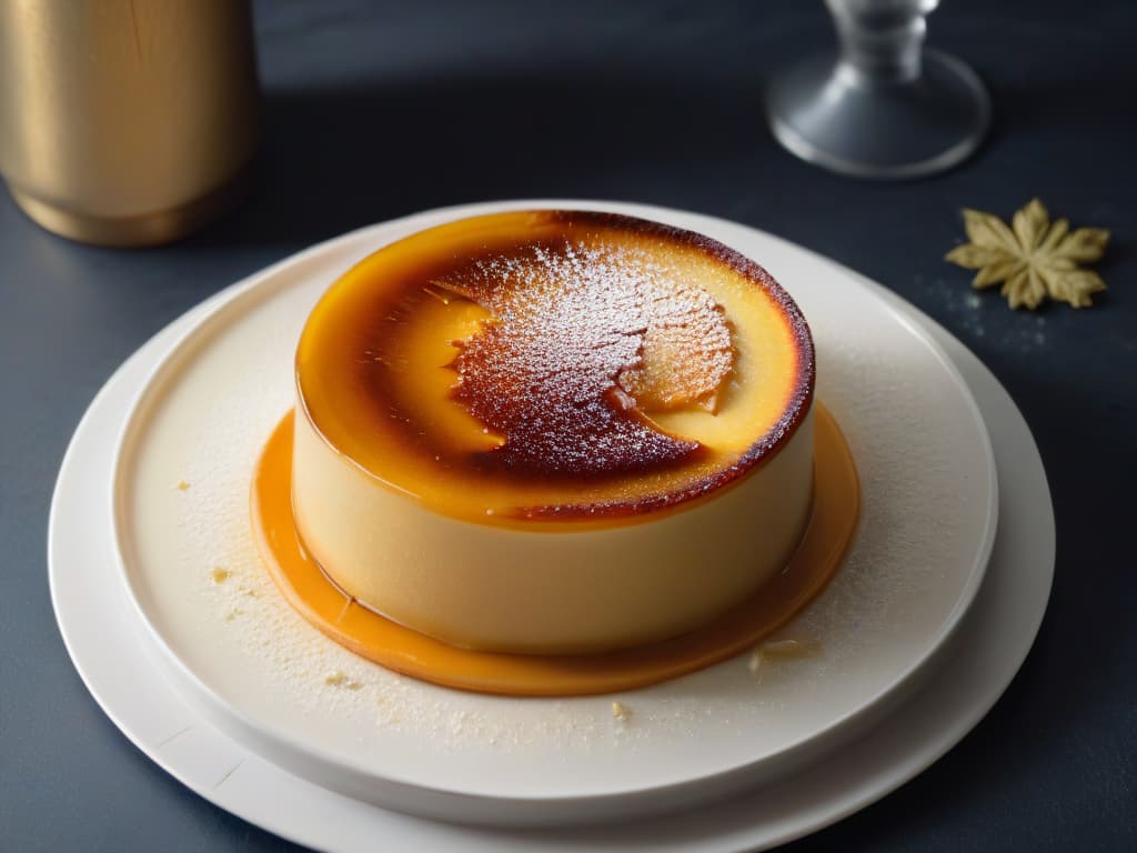  A closeup, ultradetailed image of a delicate, perfectly caramelized crème brûlée sprinkled with a fine dusting of xilitol, sitting elegantly on a sleek, minimalist white plate. The golden caramel top shimmers under a soft, warm light, revealing intricate cracks that contrast beautifully with the velvety smooth custard underneath. The plate rests on a dark, matte surface, emphasizing the luxurious simplicity of this lowcalorie, xilitolinfused dessert. hyperrealistic, full body, detailed clothing, highly detailed, cinematic lighting, stunningly beautiful, intricate, sharp focus, f/1. 8, 85mm, (centered image composition), (professionally color graded), ((bright soft diffused light)), volumetric fog, trending on instagram, trending on tumblr, HDR 4K, 8K