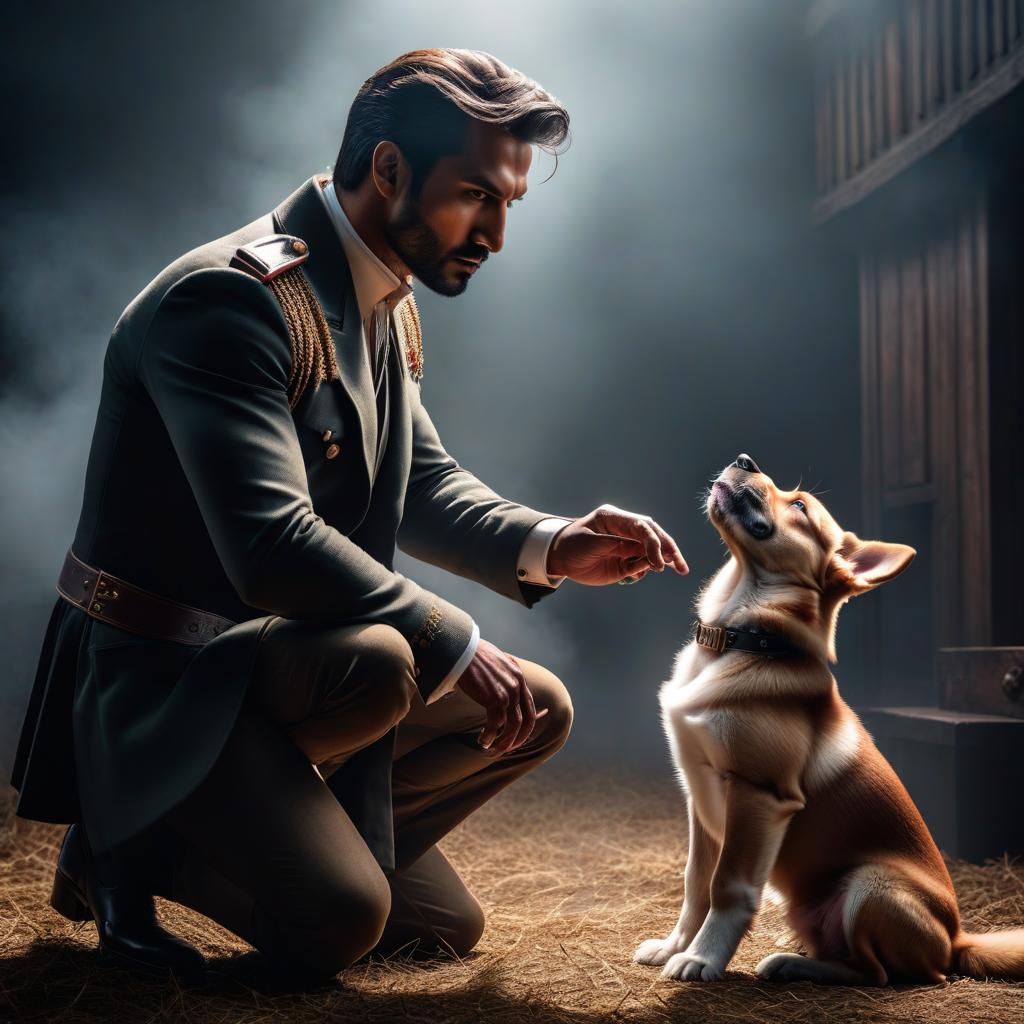  puppy bites man's hand hyperrealistic, full body, detailed clothing, highly detailed, cinematic lighting, stunningly beautiful, intricate, sharp focus, f/1. 8, 85mm, (centered image composition), (professionally color graded), ((bright soft diffused light)), volumetric fog, trending on instagram, trending on tumblr, HDR 4K, 8K